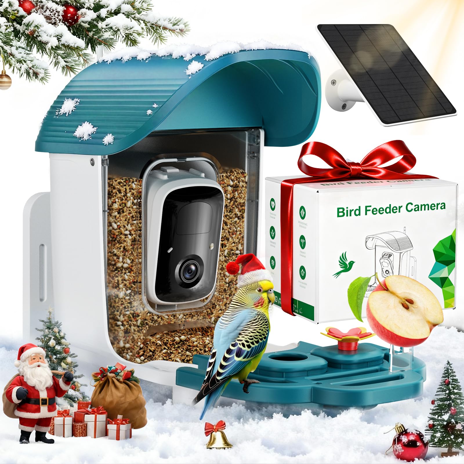 Photo 1 of Bird Feeder with Camera, Solar Powered Outdoor Birdhouse, AI Smart Identify 10000+ Birds Species, Instant Motion Detection & Alerts, Watching & Capture BirdVideo, Gifts for Bird-Lovers(Cyan-Blue)