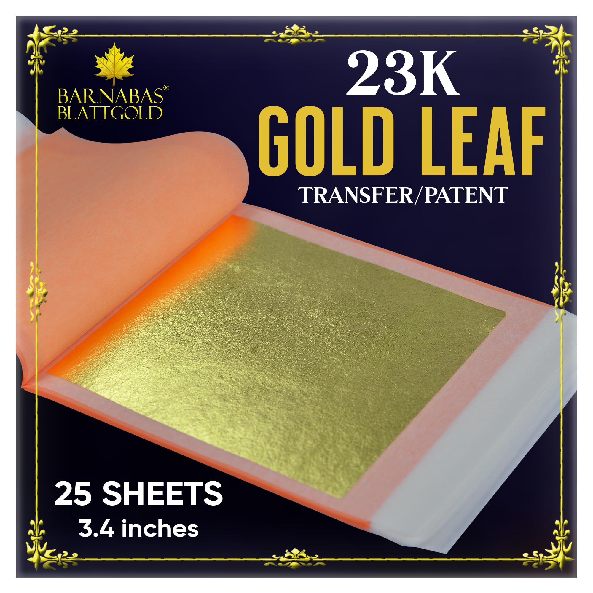 BARNABAS BLATTGOLD Gold Leaf - 23K Real Gold [25 Sheets, 3.4 inches] - Transfer Patent for Painting, Arts and Crafts