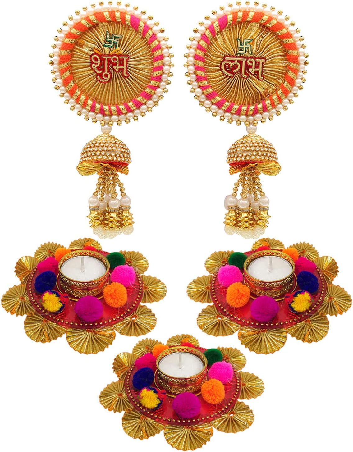 Saugat Traders Diwali Decoration Items Combo Pack- Pair of Hanging Decorative Shubh Labh and Designer Tealight Candles Stand for Diwali Home Decor