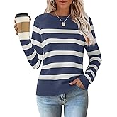 ZESICA Women's Long Sleeve Lightweight Striped Tops 2026 Fall Crewneck Ribbed Knit Shirts