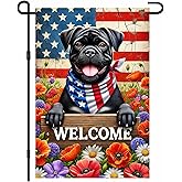 IVN Pug Patriotic Garden Flag 12x18 Inch Double Sided Dog Flower 4th of July American Flag Welcome Independence Day Outdoor Yard Flag for Home Front Door Lawn Porch Memorial Day Decorations