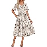 ZEAGOO Women's Summer Dresses Midi Tiered Casual Dress Floral V Neck Ruffle Short Sleeve Flowy Beach Dress with Pockets