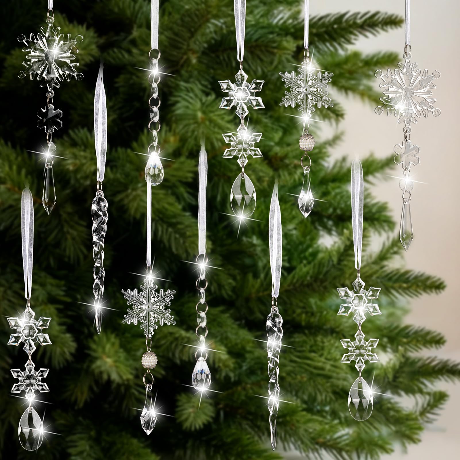 Photo 1 of 18PCS Crystal Christmas Ornaments for Tree Decorations Hanging Acrylic Christmas Snowflake Icicle Crystal Ornament for Xmas Tree, Winter Holiday Wonderland