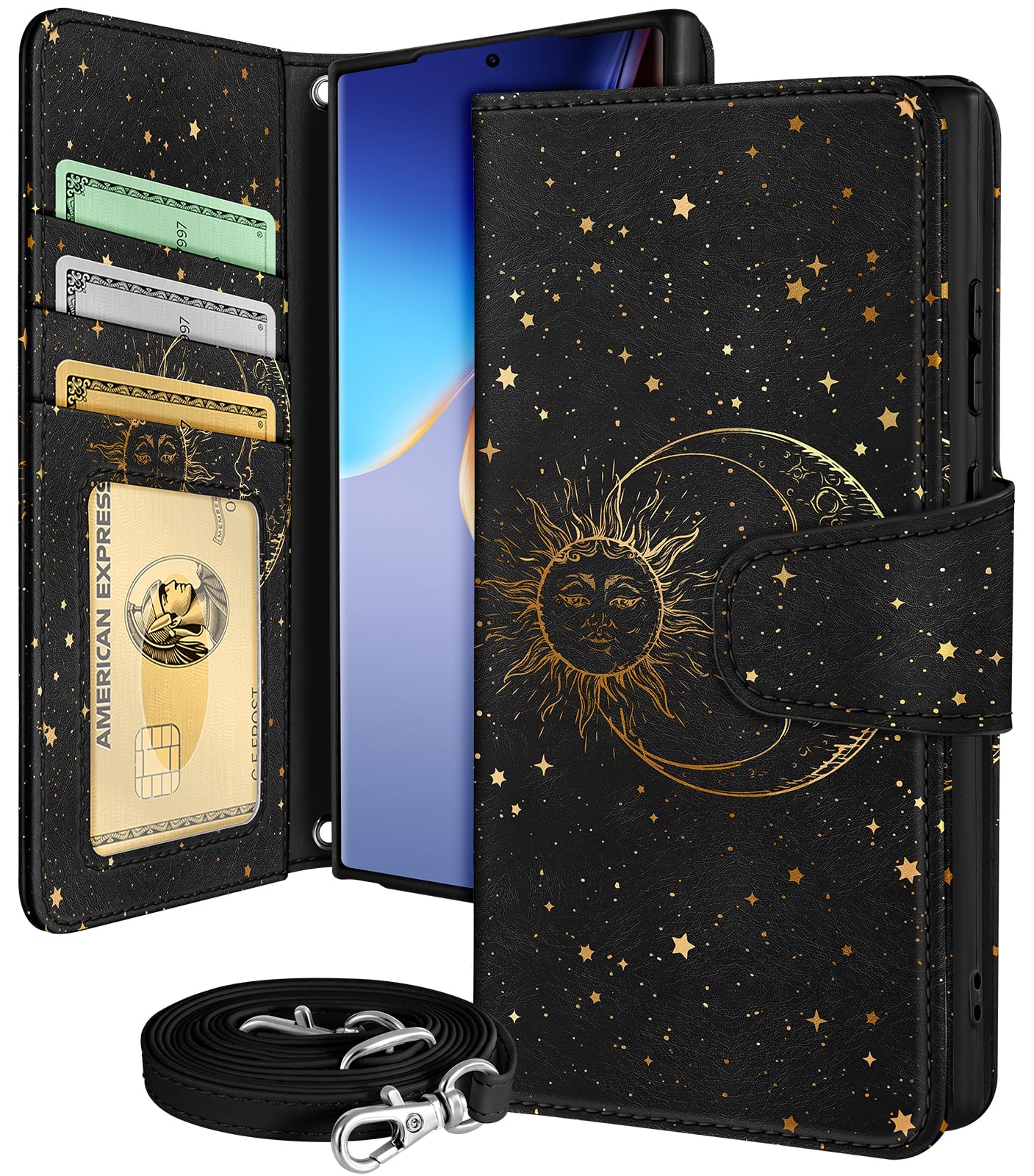 Photo 1 of Buleens for Samsung Galaxy S23 Ultra Wallet Case for Women - with Card Holder S23 Ultra Flip Case Leather Crossbody Cute Aesthetic Galaxy S23 Ultra Case with Strap Kickstand for Girls, Black Sun Moon
