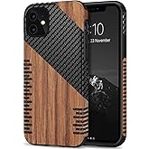 TENDLIN Compatible with iPhone 11 Case Wood Grain with Carbon Fiber Texture Design Leather Hybrid Slim Case (Twill)