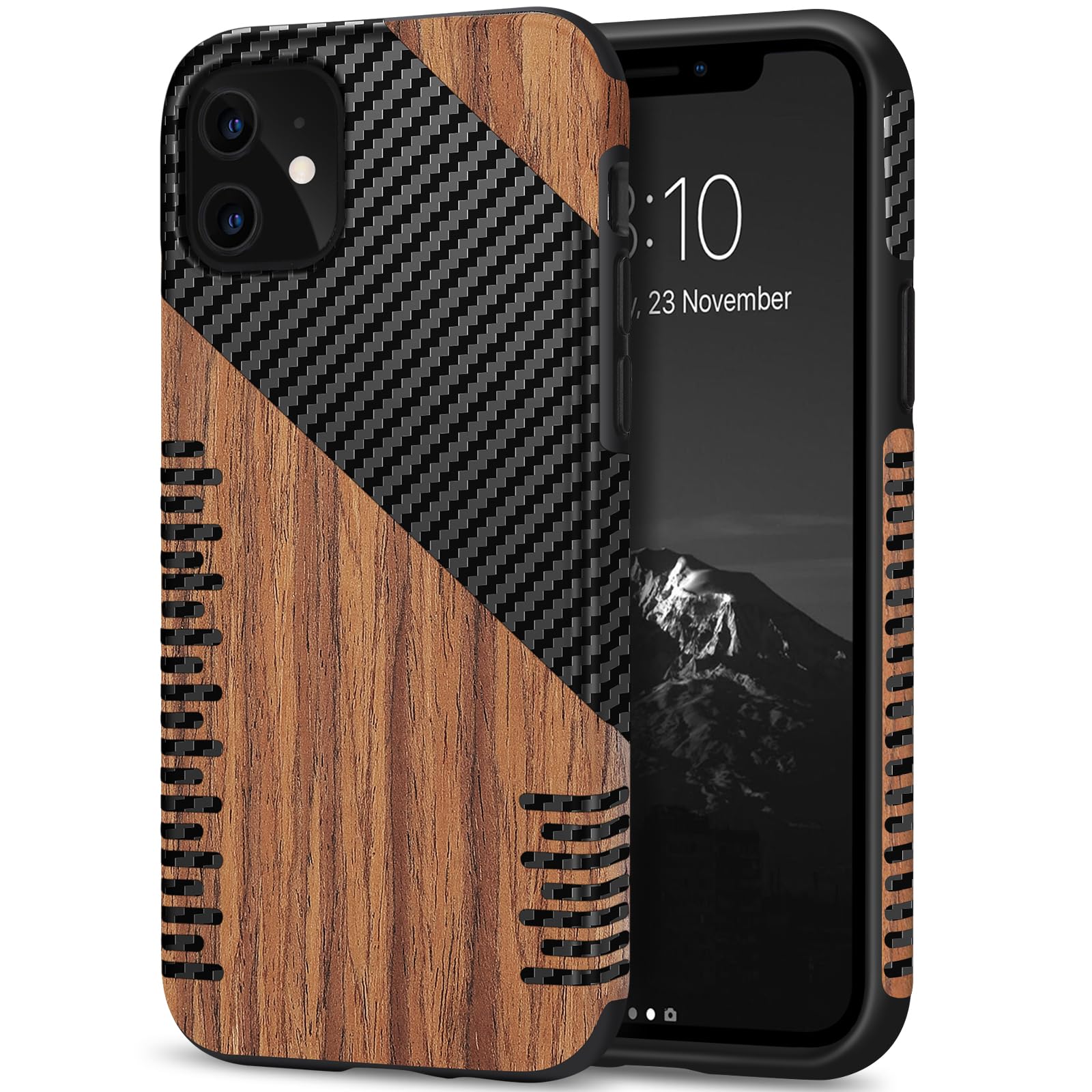 TENDLIN Compatible with iPhone 11 Case Wood Grain with Carbon Fiber Texture Design Leather Hybrid Slim Case (Twill)