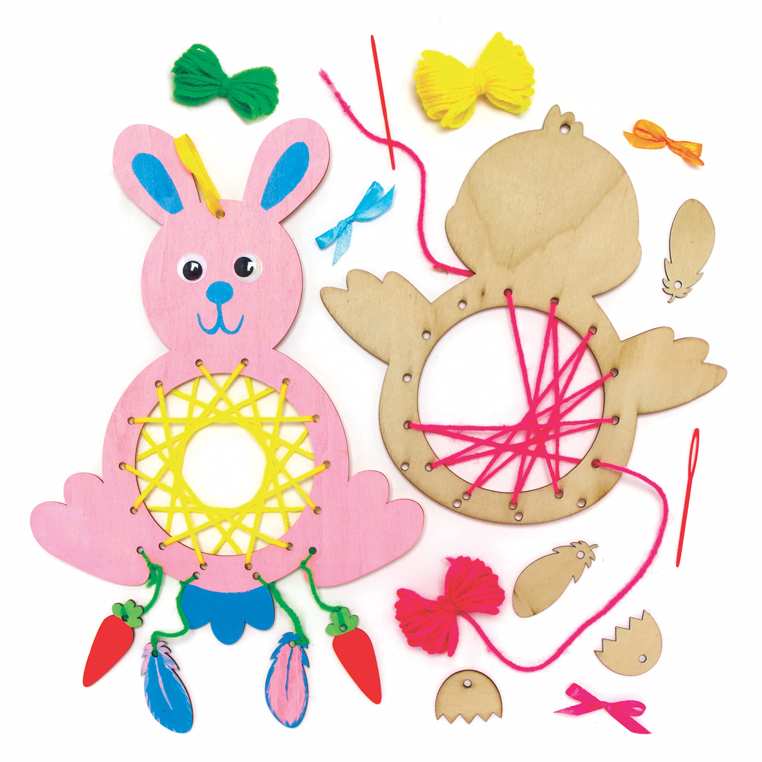 Baker Ross Easter Chick & Bunny Wooden Dreamcatchers - Pack of 4, Easter Crafts, Craft for Kids (AX785)