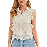 Falechay Tank Top for Women Button Down Summer Casual Tops Collared Sleeveless Shirts Babydoll Eyelet Ruffle Blouse