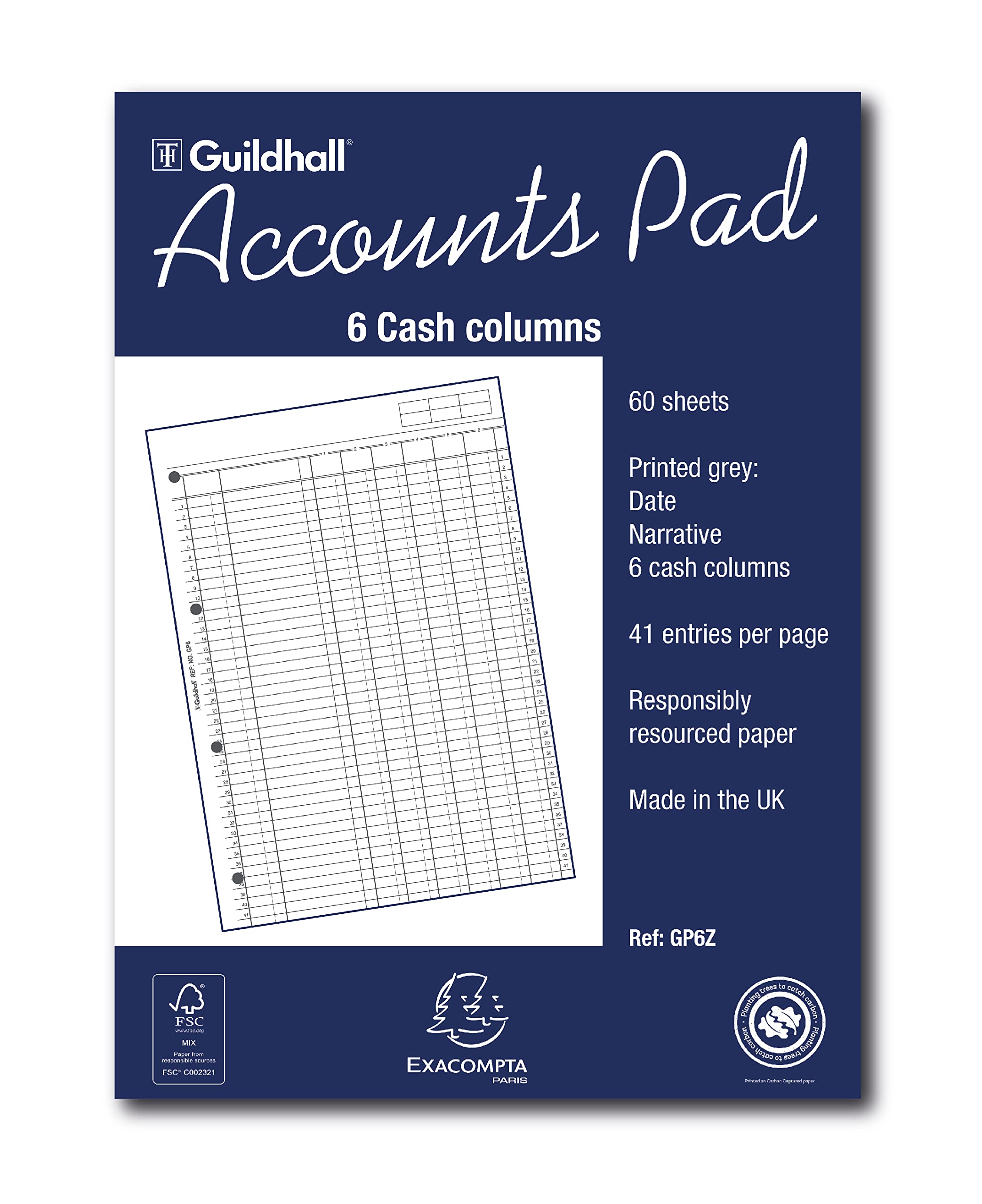 Exacompta 'Guildhall' Accounts Pad, A4, 60 sheets, 6 Cash Columns, White