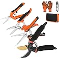 5 pack Garden Pruning Shears Stainless Steel Blades, Handheld Scissors Set with Gardening Gloves,Heavy Duty Garden Bypass Pruning Shears,Tree Trimmers Secateurs, Hand Pruner (Classic)