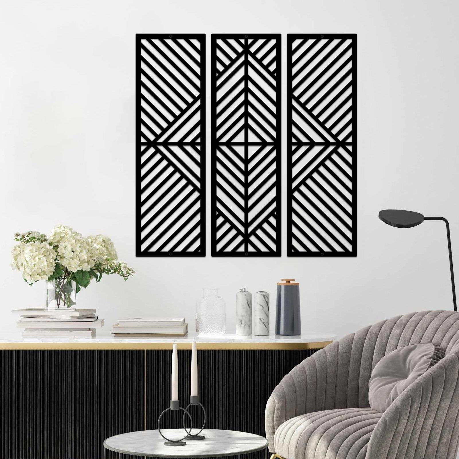 ESTART 3 Pcs Geometric Home Metal Wall Decor Vertical Abstract Minimalist Modern Black Wall Art Slatted Design Wall Hanging Sculpture for Living Room Bedroom Bathroom Study Office, 22 x 22 Inch