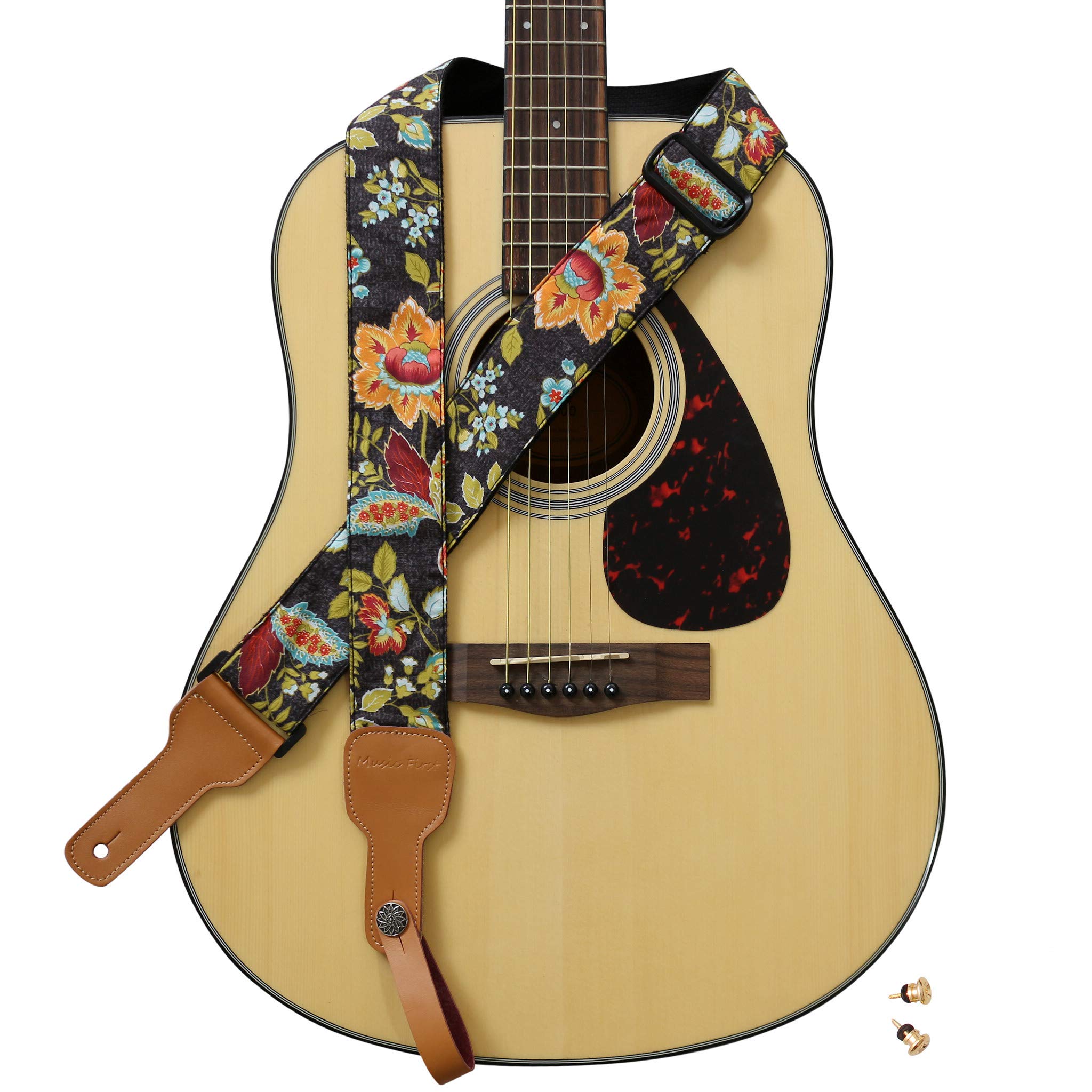 MUSIC FIRST Original Design, 2 inch width (5cm), Vintage French Country Style"Floral" Soft Cotton & Genuine Leather Delux Guitar Strap, Ukulele Strap, Mandolin Strap, Banjo Strap