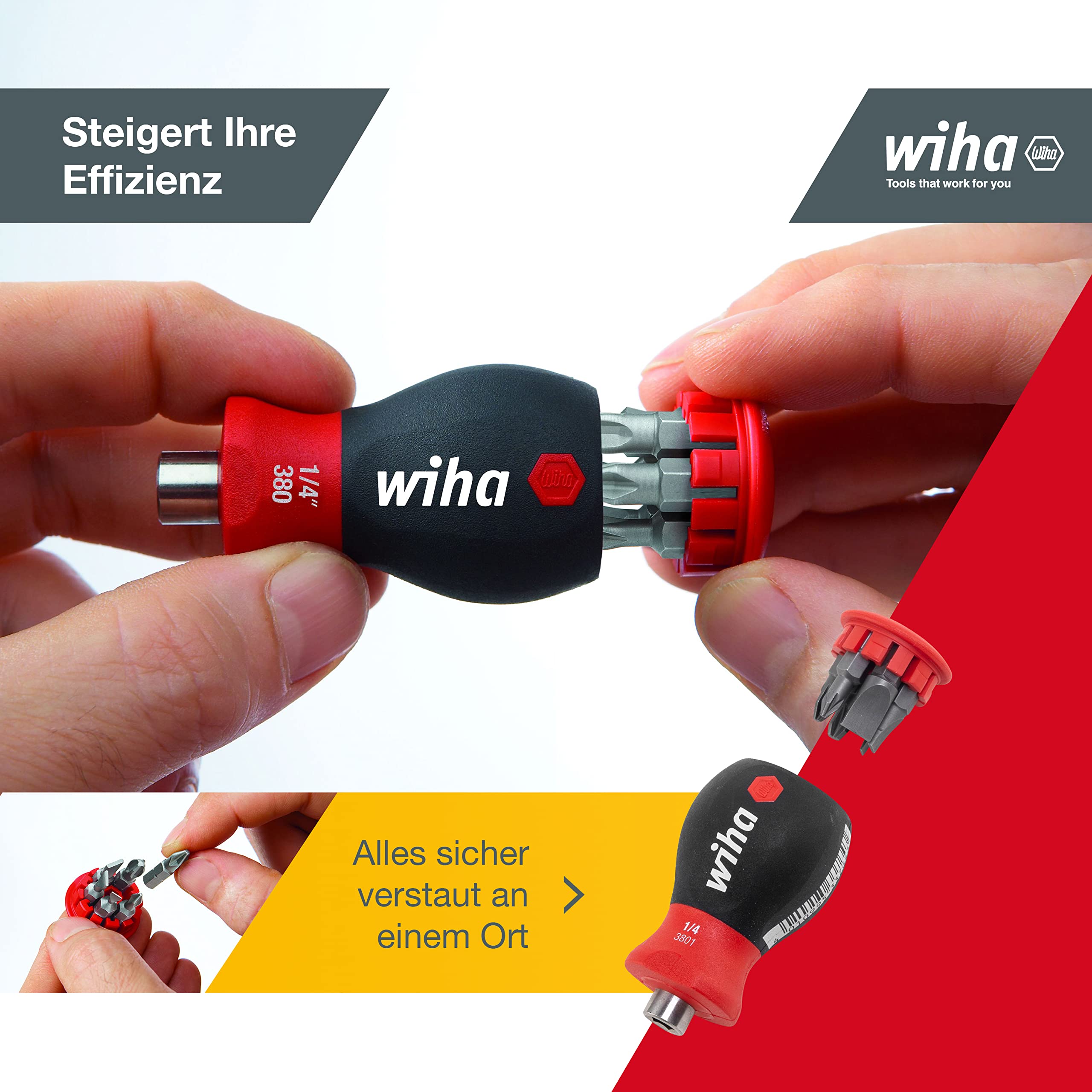 Wiha Schraubendreher Stubby mit Bit Magazin magnetisch (33736) I Schlitz, Kreuz I mit 6 Bits, 1/4" 3