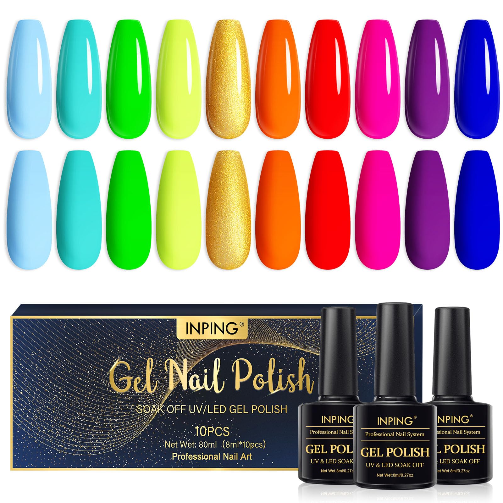 INPING Neon Gel Nail Polish, 10 Color Bright Pink Blue Red Orange Green Gel Polish Set Soak Off UV LED for Starter Nail Art Salon Manicure Kit DIY Home, Bright Neon, 8 ML