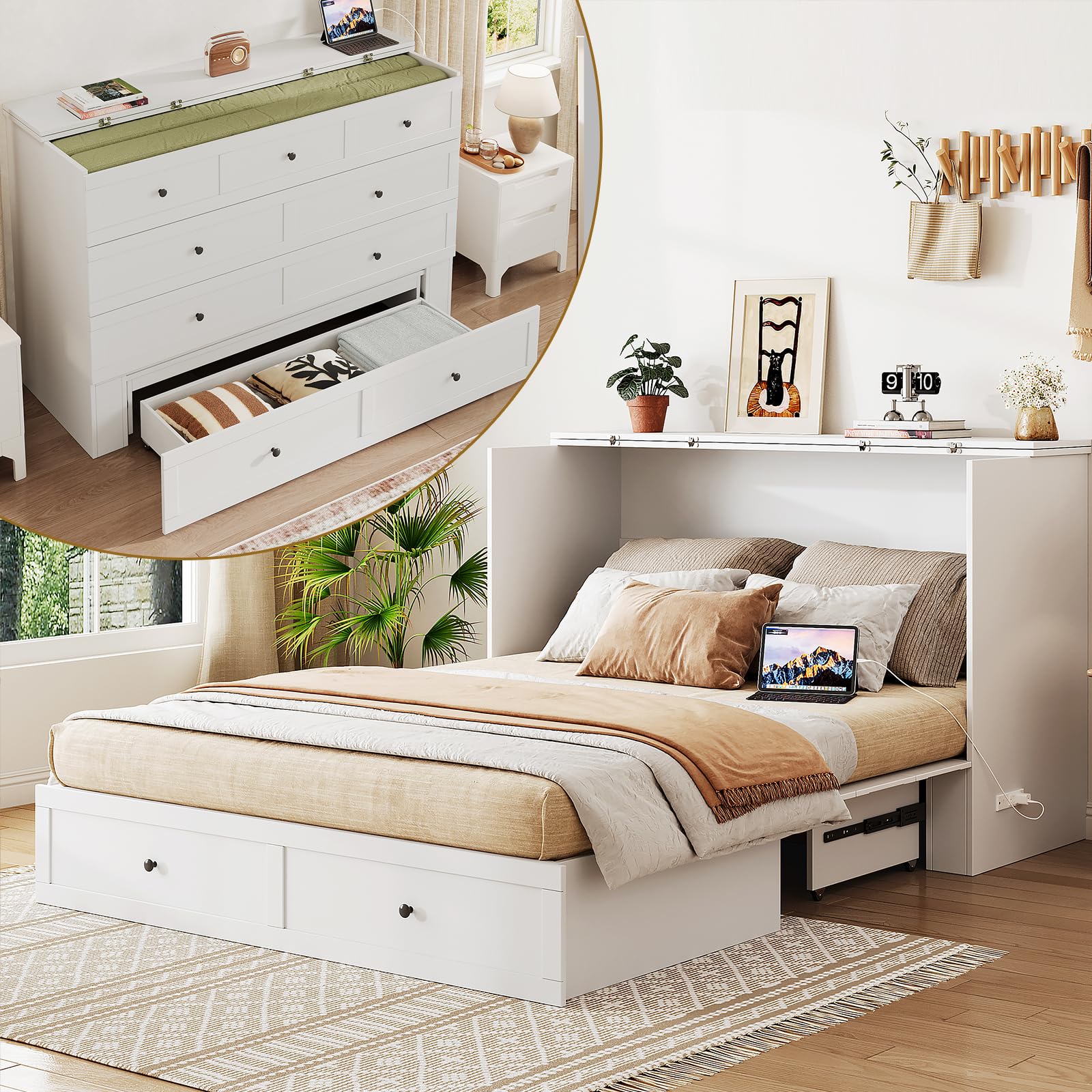 Photo 1 of *PARTIAL SET*
LIVAUVEAD Queen Murphy Bed with Storage & Charging Station, Murphy Cabinet with Foldable Panel, Noisy Free, for Guest Bedroom, Living Room, Office, Distressed White