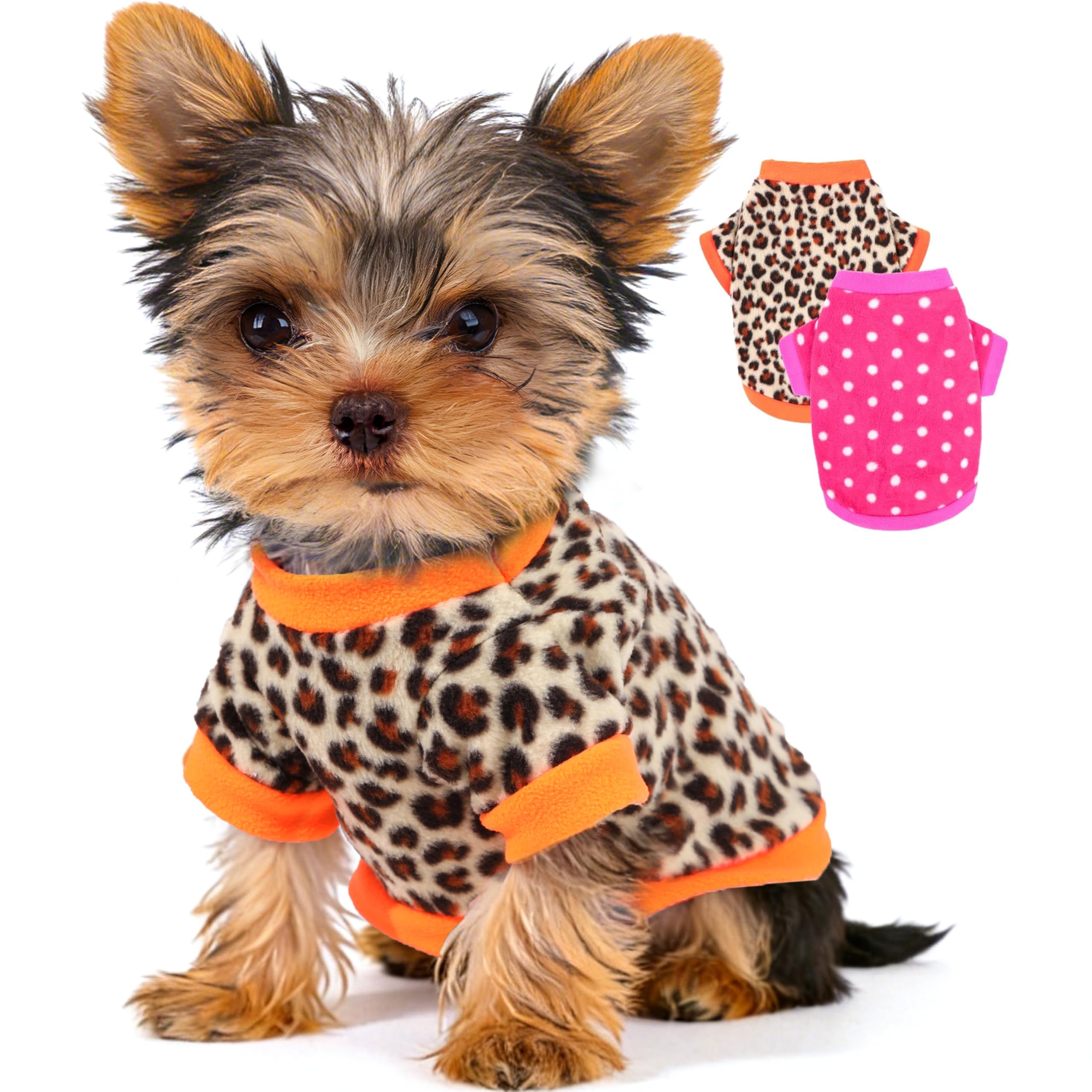 Photo 1 of 2 Pieces Dog Sweaters for Small Dogs Girl Fleece Puppy Sweater for Teacup Chihuahua Yorkie Clothes Soft Warm Dog Clothes Doggie Pet Outfit Apparel Polka dots Leopard Print, XS