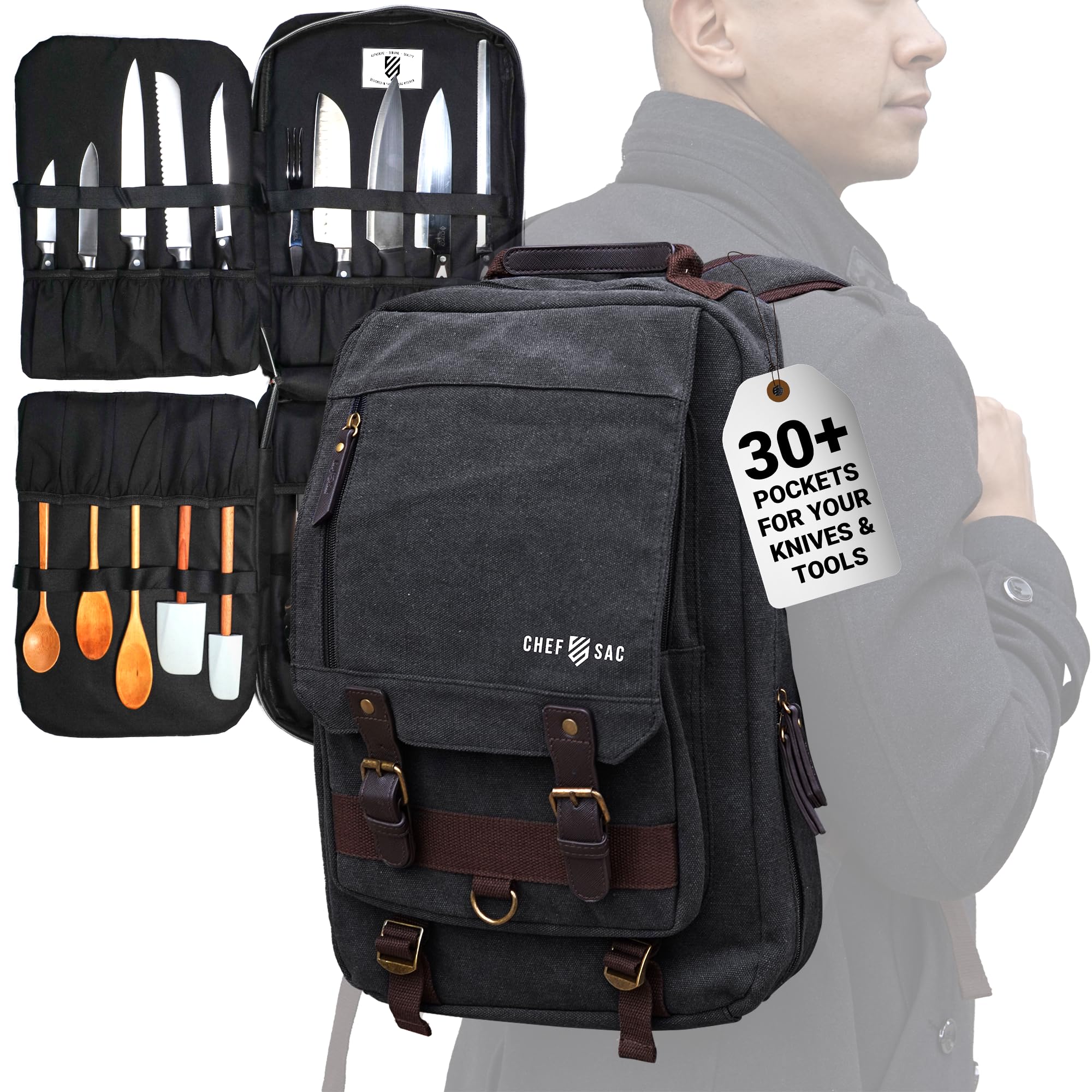 Photo 1 of Chef Sac Chef Knife Bag Retro Backpack | 20+ Slots for Knives and Chef Tools | Knife Carrying Case w/Back Pocket for Tablet | Sturdy Knife Bags For Chefs & Culinary Work | Premium Canvas (Black)