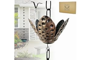 U-nitt Rain Chain Water Collection for Gutters, Rainwater Catcher & Diverter, 8.5 FT Chains for Outside Garden, Copper Lily Cups, Roof Downspout, Works with Heavy Rain, w/Gutter Clip for Rainchains
