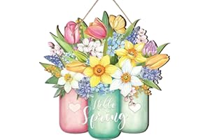 RNFENQS Hello Spring Sign for Front Door Wooden Wall Hanging Spring Wreath Decor for Home Colorful Floral Hanging Decoration 