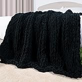 Carriediosa Chunky Knit Throw Blanket 50" X 60", 100% Hand Made Large Chenille Loop Yarn Soft Fluffy Throws for Couch Sofa Bed, Big Crochet Cozy Heavy Thick Cable Woven Blankets, Black