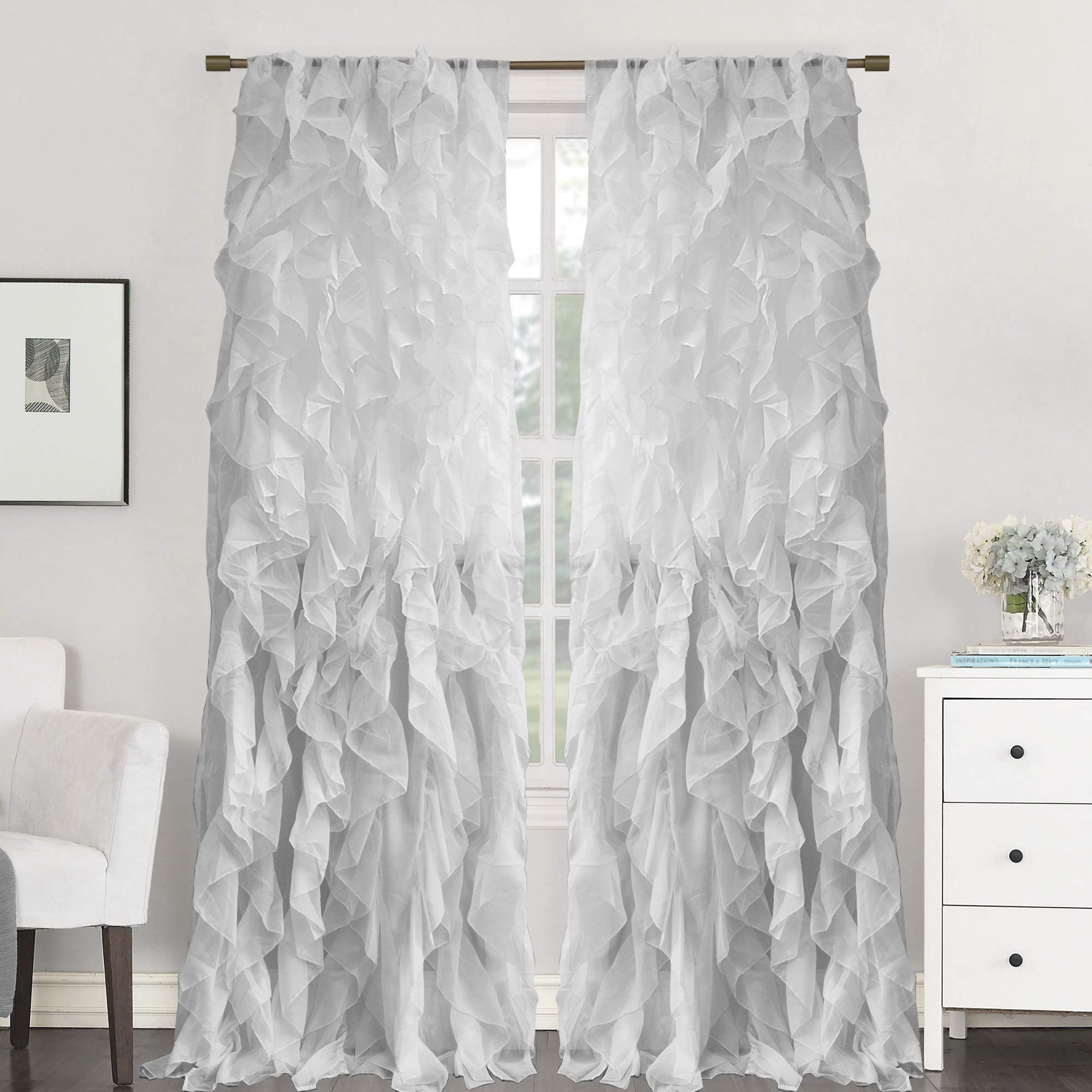 Window Panel Sheer Voile Vertical Ruffled Waterfall Curtains, Silver, 96" x 50", (Pack of 12) Image