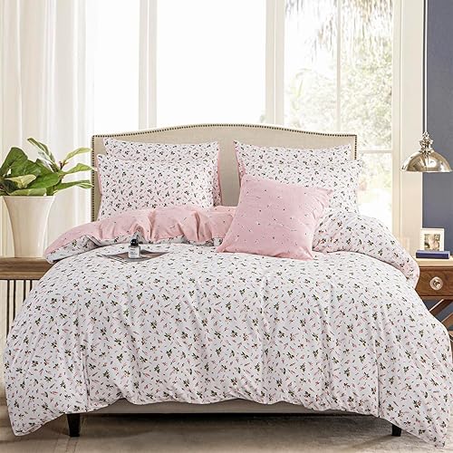 Brushed Microfiber Floral Duvet Cover Set - Twin Garden Style Pink Floral Pattern Flower Twin Duvet Cover with Zipper Closure Luxury Soft Breathable Comfy