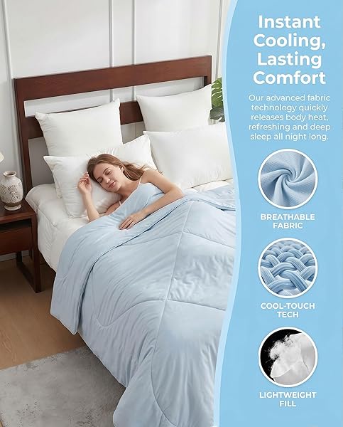COOLING COMFORTER QUEEN SIZE, COOLING BLANKETS FOR HOT SLEEPERS AND NIGHT SWEATS, BLUE SUMMER COMFORTER FOR QUEEN SIZE BED, Q-MAX 0.45 ARC-CHILL BREATHABLE SOFT LIGHTWEIGHT SILK SMOOTH,90 X 90 INCH