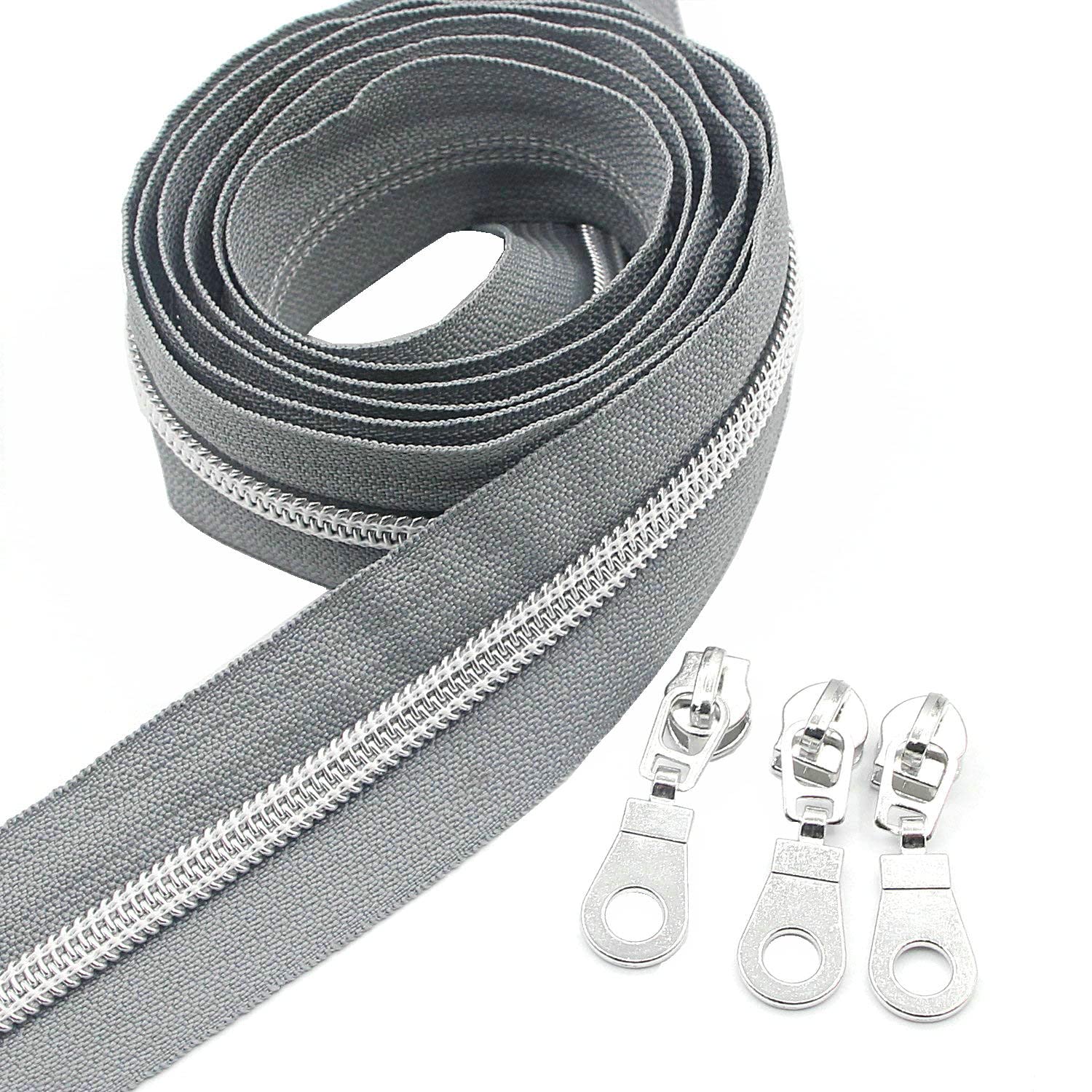 Leekayer #5 Metallic Silver Nylon Coil Zippers by The Yard Bulk 10 Yards Grey Tape with 25pcs Silver Sliders for DIY Sewing Tailor Craft Bag(Grey)