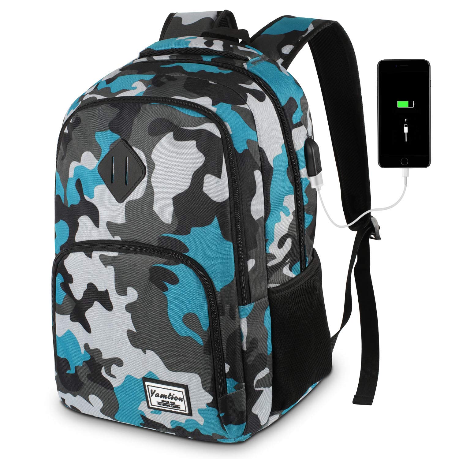 YAMTION Backpack Boys Teenagers, School Backpack with USB-Charging Port and 17.3 Inch Laptop Compartment for School