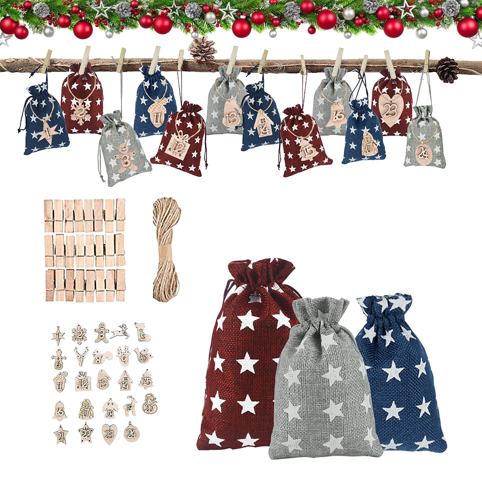 Yanmucy Christmas Advent Calendar Bags 24 Days Countdown Burlap Gift Pouches Festival DIY Candy Fill Sacks for Christmas Home Office Decor (Stars)