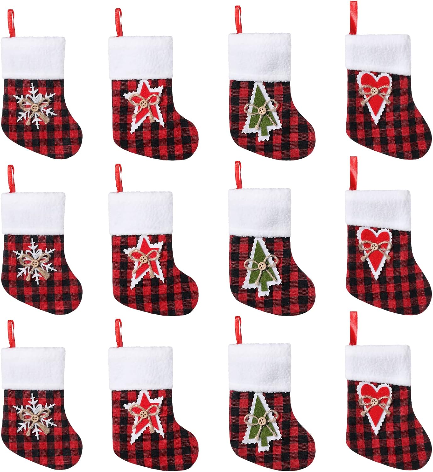 Stockings & Holders - TWSANTAMAS 12 Pack 7.5 inches Mini Christmas Stocking Buffalo Plaid Stockings Hanging Ornament Xmas Holiday Decoration