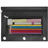 INNOIO 3 Ring Pencil Pouch for Binder, 2-Pocket Zipper Pencil Case with Clear Window &amp; Mesh Pocket, 600D Oxford Fabric Binder Pouch for School Office Supplies, Fits Standard 3-Ring Binders, Black