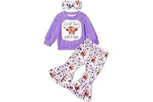 Ribabz Toddler Girl Clothes, Girls Outfits Long Sleeve Crewneck Highland Cow Print Pullover Flared Pants Girls' Clothing Sets