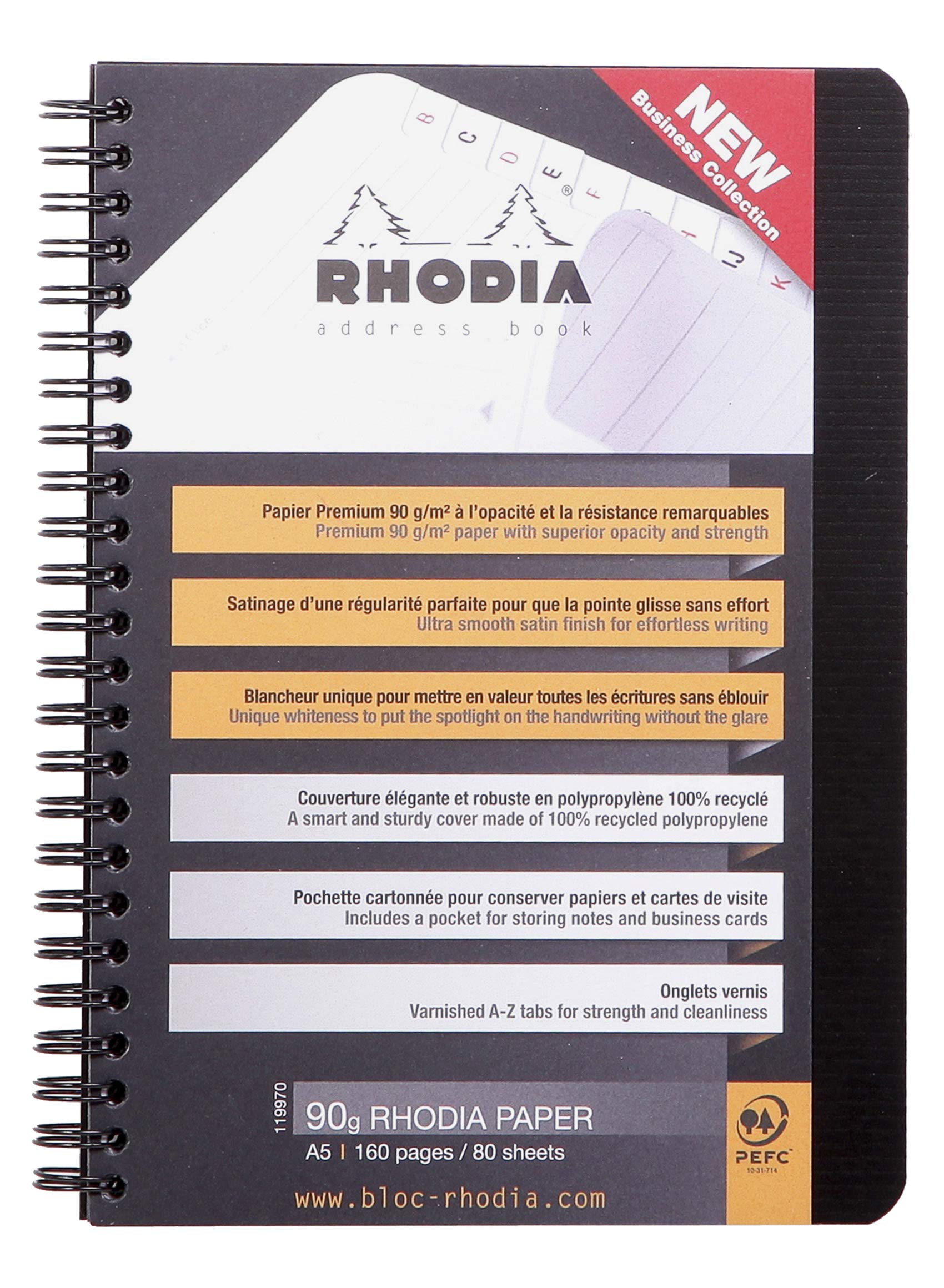 RHODIA 119970C - Spiral Address Book and Telephone Directory (Full Bound) Address Book Black A5 | | 160 pages - 90g Clairefontaine paper - Rhodiactive Polypro (Plastic) cover