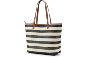 KALIDI Straw Tote Beach Bag Striped Shoulder Handbag Stitch Woven PU Leather Handle Zippe Travel Shopping Picnic