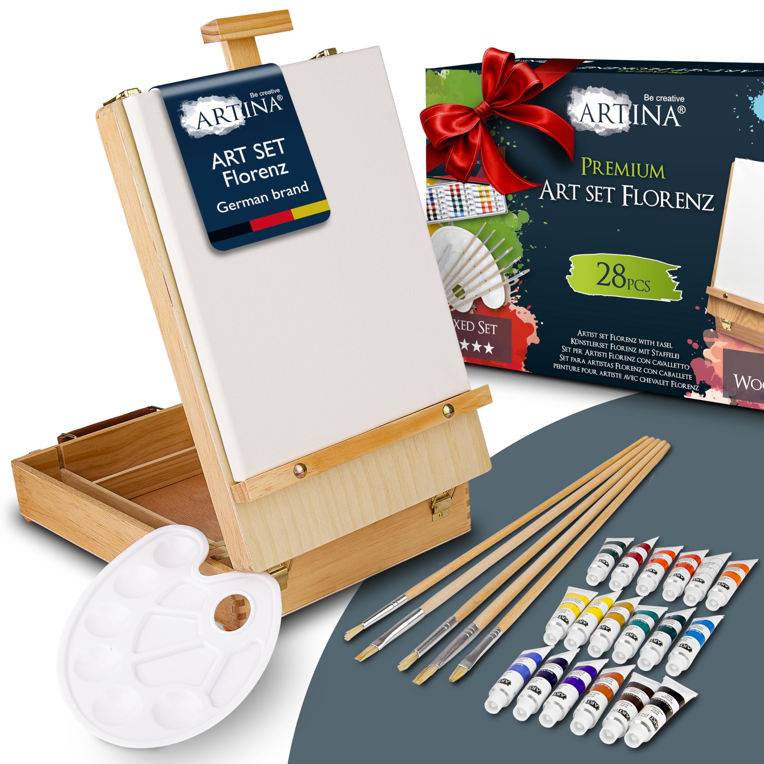 Artina 28-Piece Acrylic Paint Kit with Easel – Painting Set for Kids & Adults with Art Box, Canvas, Brushes & 18x12ml Paints – Christmas Art Set for Beginners & Hobby Artists – Florenz