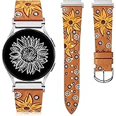 Minyee Leather Bands Compatible with Samsung Galaxy Watch 7 Band/Watch FE 6 5 4 40mm 44mm/Watch 5 pro Band 45mm/Watch 6 4 Classic 47mm 43mm 42mm 46mm, Boho Embossed Sunflower Designer 20mm Watch Band