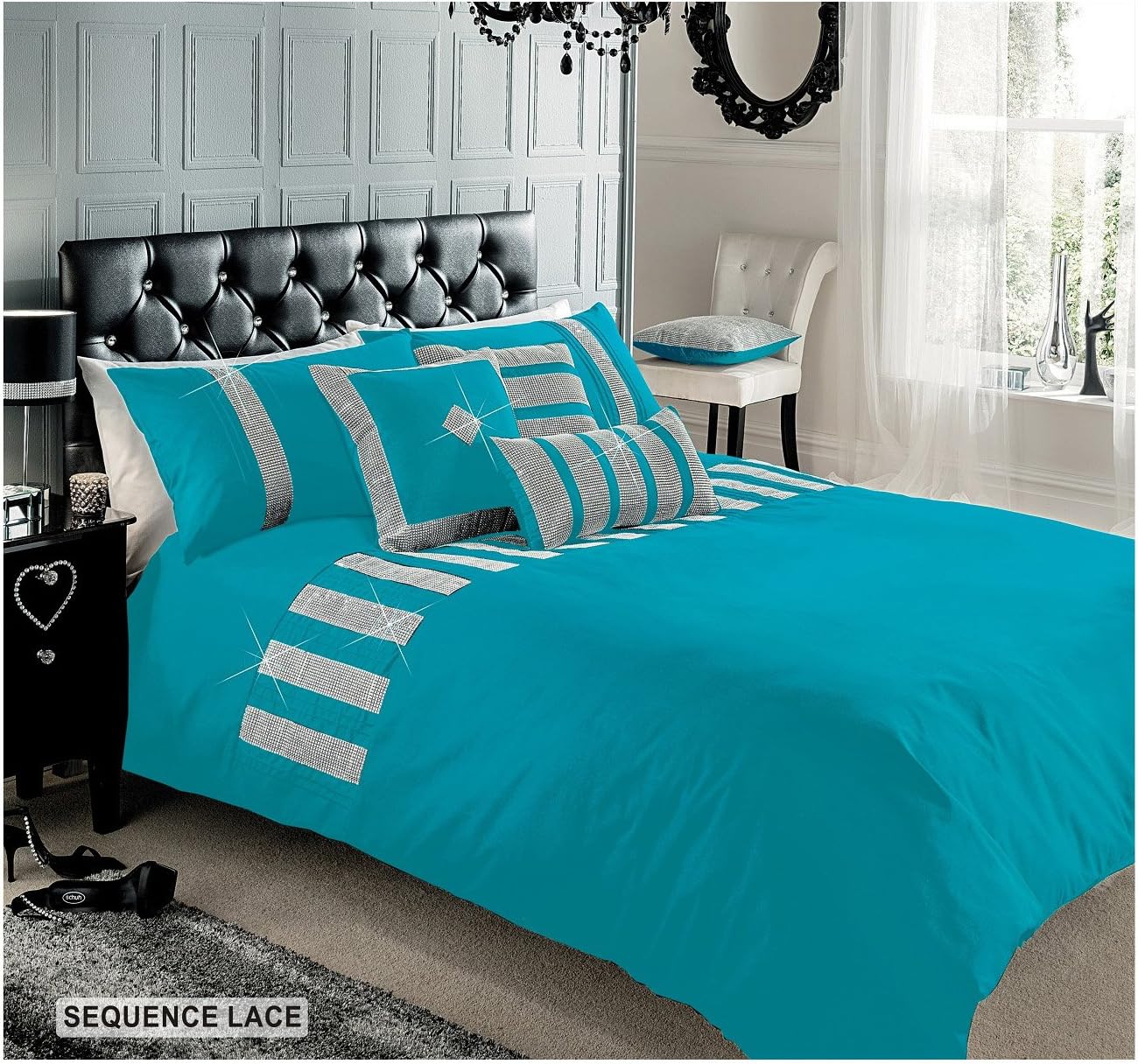 Gaveno Cavailia Sequence Lace Bed Set with Duvet Cover and Pillow Case, Poly Cotton, Teal, King