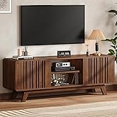 ONBRILL 63-Inch TV Stand for TVs up to 75 Inch, Mid-Century Modern Television Stand with Power Outlet, Entertainment Center with Sliding Grille Door Cabinets and Open Shelves for Living Room, Walnut