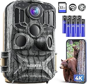 DEATTI Wildkamera mit Handyübertragung APP, 4K 48MP HD WLAN Bluetooth Wildkamera mit Bewegungsmelder Nachtsicht, 120 °Weitwinkel Wildtierkamera, IP66 Wasserdicht, 32GB SD Karte und 8*AA-Batterien