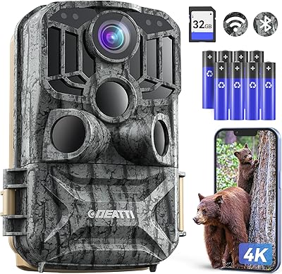 DEATTI Wildkamera mit Handyübertragung APP, 4K 48MP HD WLAN Bluetooth Wildkamera mit Bewegungsmelder Nachtsicht, 120 °Weitwinkel Wildtierkamera, IP66 Wasserdicht, 32GB SD Karte und 8*AA-Batterien