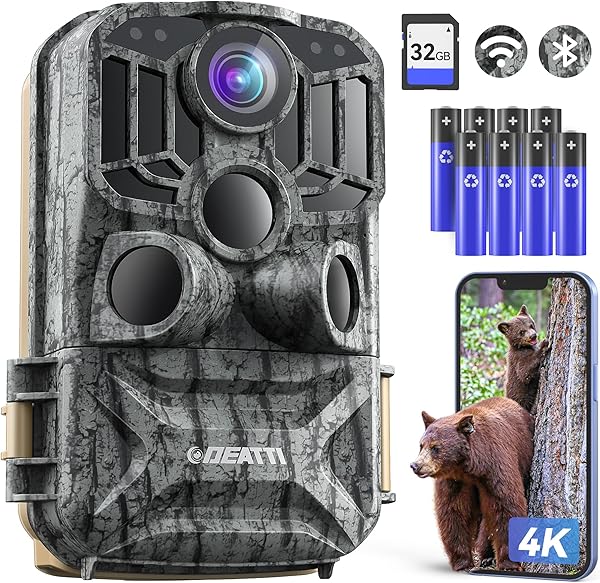 DEATTI Wildkamera mit Handyübertragung APP, 4K 48MP HD WLAN Bluetooth Wildkamera mit Bewegungsmelder Nachtsicht, 120 °Weitwinkel Wildtierkamera, IP66 Wasserdicht, 32GB SD Karte und 8*AA-Batterien