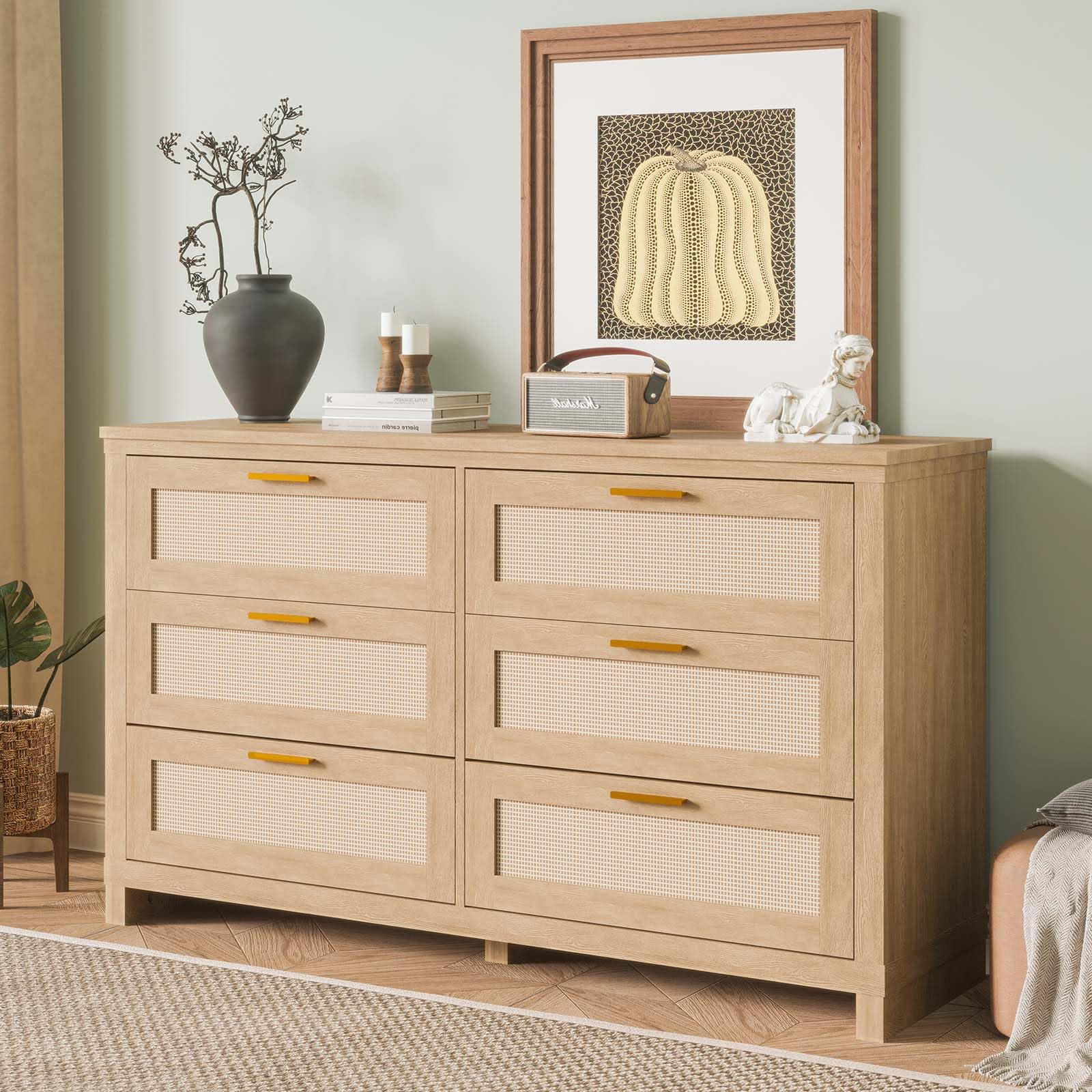 Photo 1 of ***PARTIAL SET*** GarveeHome 6 Drawer Rattan Dresser for Bedroom, Boho Modern Wood Dressers Chest with Ample Storage, 6-Drawer Chest of Drawers for Closet & Living Room, Natural