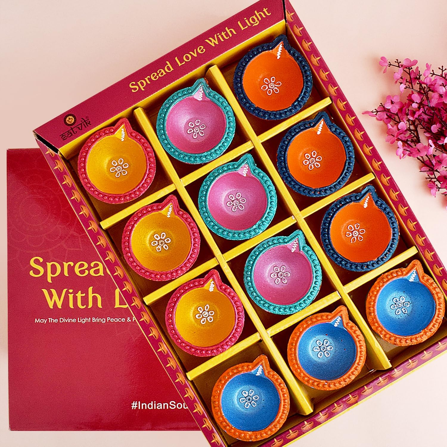 Oil Lamps & Accessories - SATVIK 12 Pc Multicolor Clay Diya Terracotta Dia Traditional Puja Vilakku Oil Lamp Natural Mitti Diya Tea Light Welcome Diwali Deepawali Navratri Pooja Décorations Indian Housewarming Return Gift Item