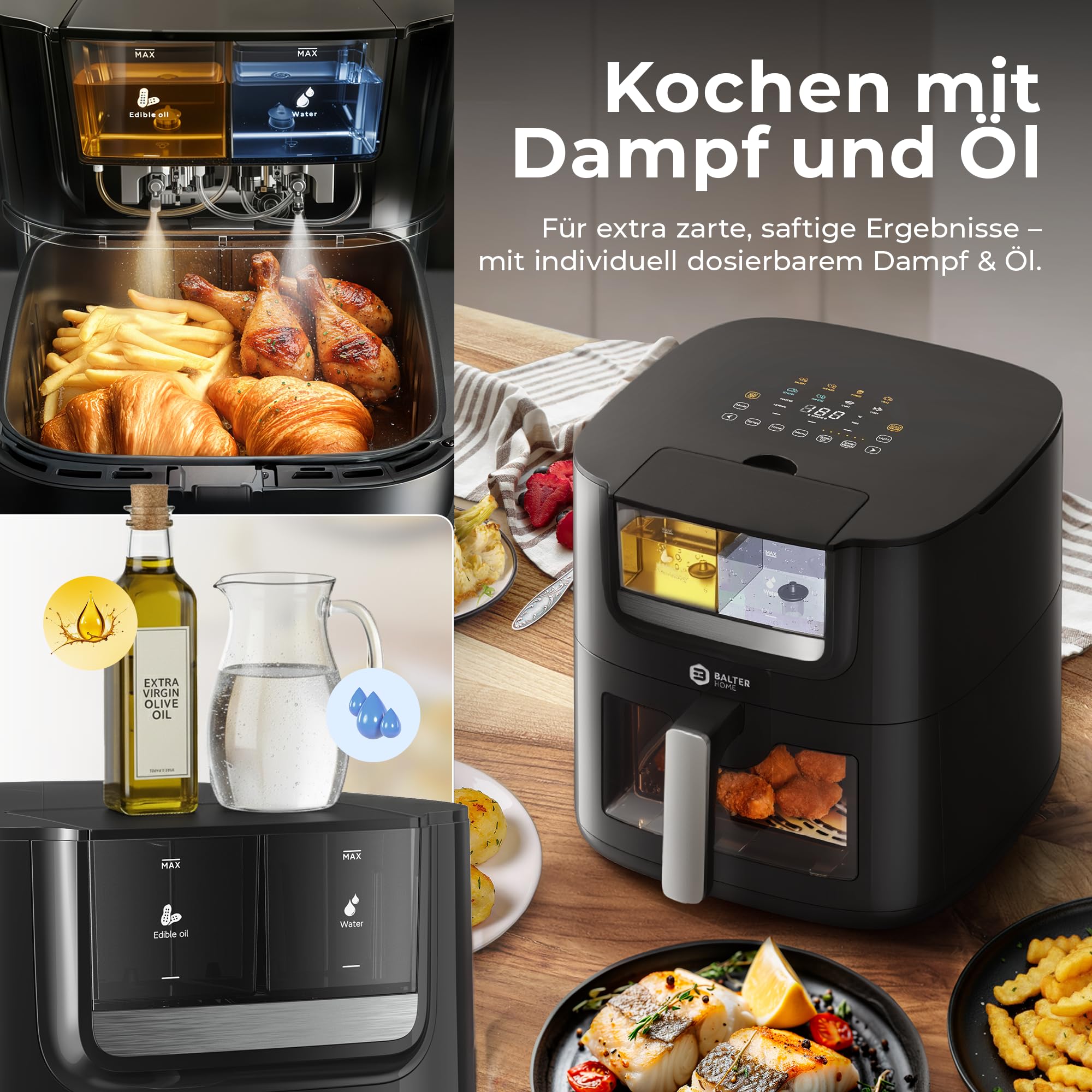 Balter Heißluftfritteuse Airfryer mit Öl- & Wasser-Spray Funktion für extra knusprige Speisen, 7,2L XXL, Heissluftfriteuse mit Sichtfenster, 10 Programme, Air Fryer, inkl. 100 Rezepte, HL-710 2