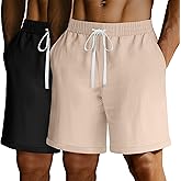 Ficerd 2 Pack Men's Big and Tall Linen Shorts Casual Elastic Waist Cotton Blend Drawstring Summer Beach Shorts with Pockets