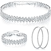 Sureio 3 Pieces Women Rhinestone Jewelry Set Rhinestone Choker Necklace Crystal Bracelet Crystal Big Hoop Earrings for Wedding Bridal Party (Stylish 3 Row)