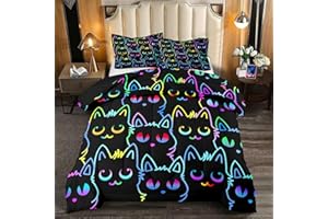 Kossmjx Cats Full Size Comforter Set for Girls - Cartoon Cats Bedding Set for Girls Room Lovely Cats Pattern Girls Bedding Set Soft Breathable Cats Comforter with 2 Pillowcases for All-Season
