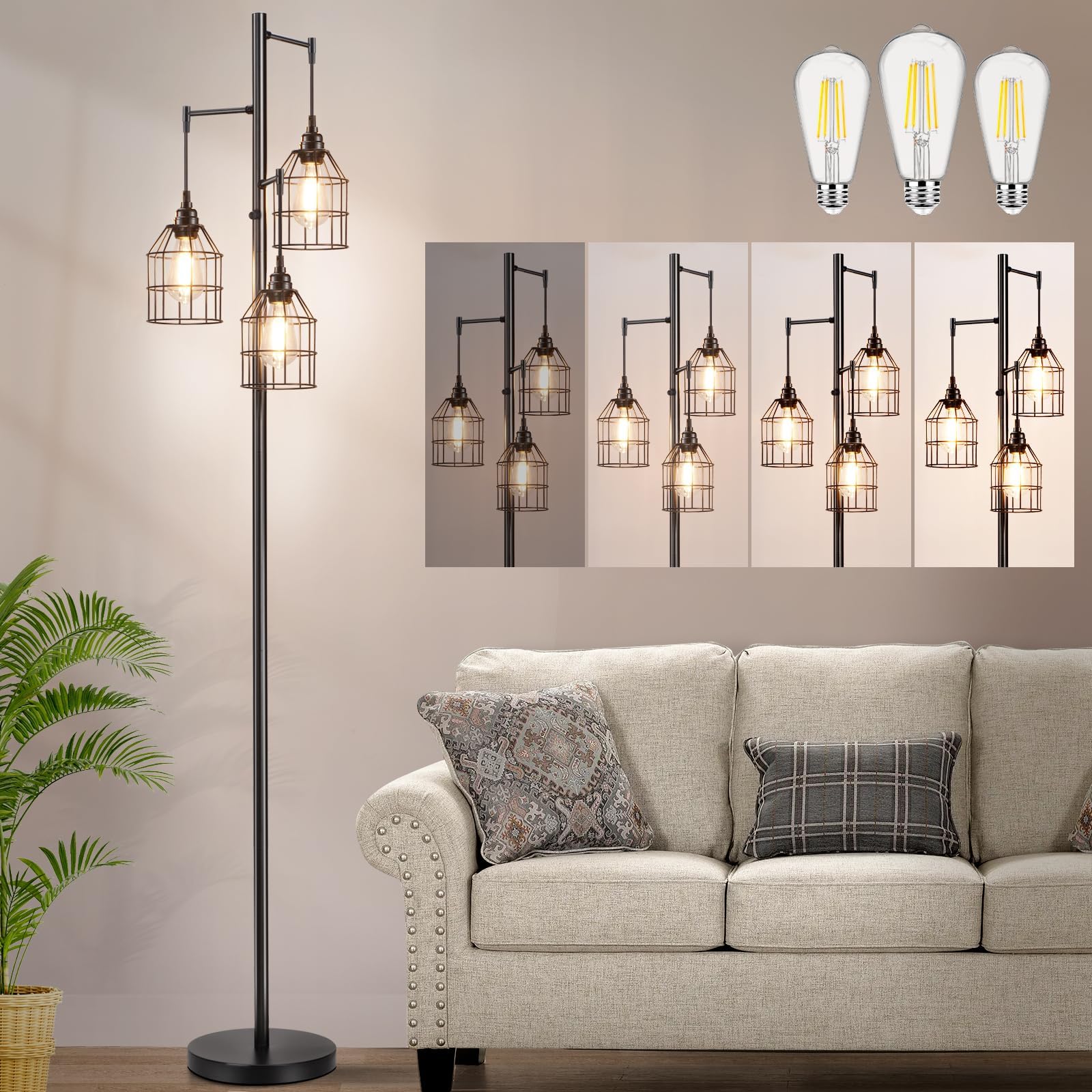 Photo 1 of Sucolite 70" Dimmable Floor Lamp for Living Room, Industrial 3-Light Tree Floor Lamp Black with Cages, Farmhouse Rustic Tall Standing Lamp Floor Lighting for Bedroom Office, 3 Free LED Edison Bulbs