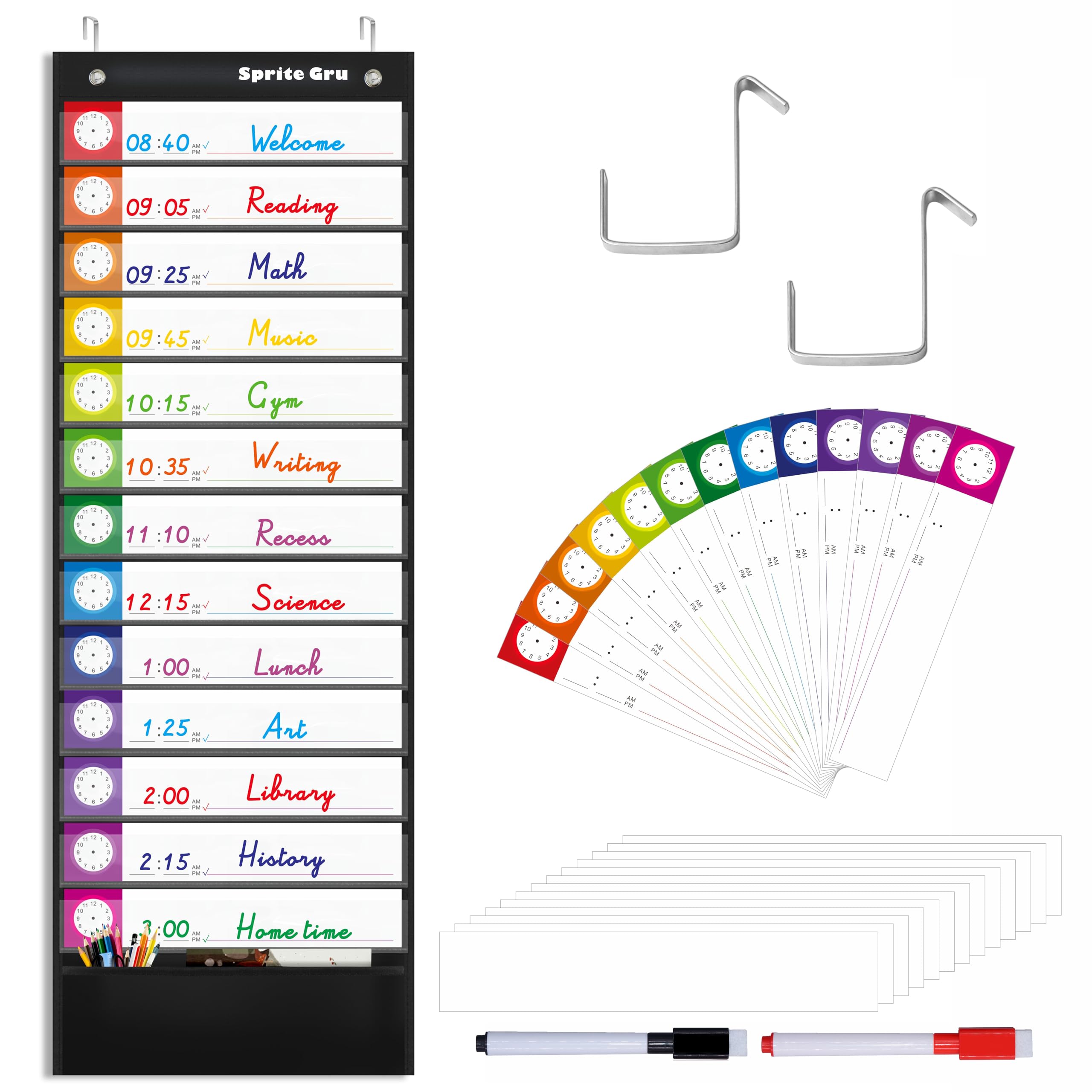Daily Schedule Pocket Chart, Classroom Charts with 13+1 Pockets, 13 Double-Sided Reusable Colored Cards, 13 Blank Ones and 2 Over-Door Mounting Hangers Include (Black, 13” x 36”)